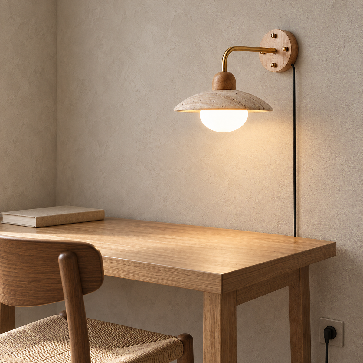 Lomiseta gold and yellow travertine LED wall sconce above a clear desk in a daylight home office