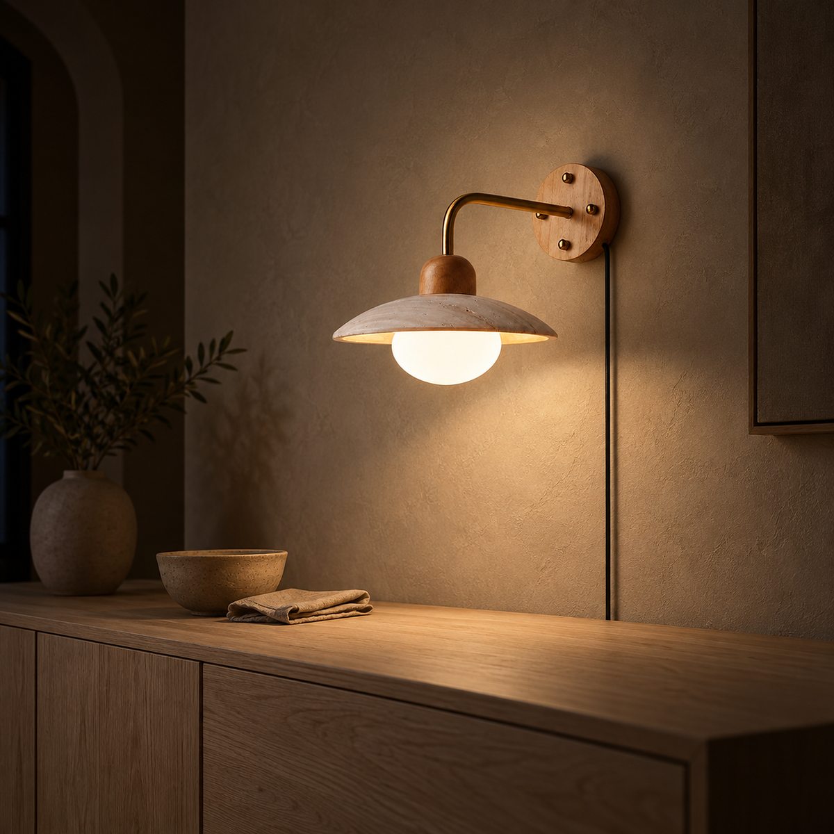 Lomiseta gold and yellow travertine wall sconce casting warm light over a sideboard at night