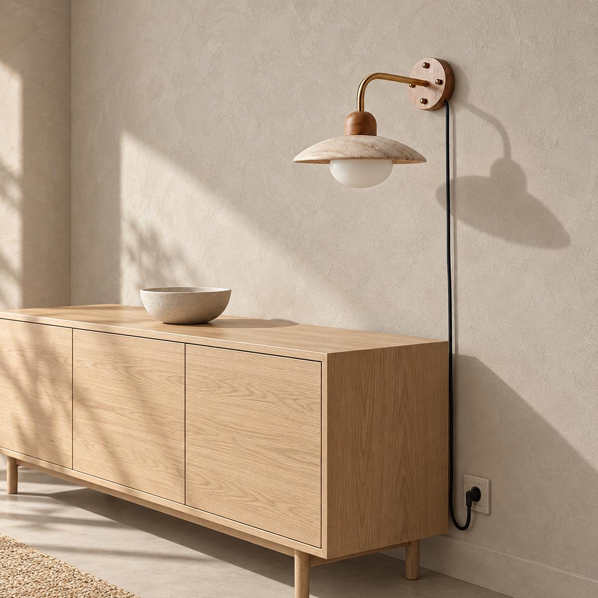 Lomiseta gold and yellow travertine wall sconce unlit above a sideboard in direct sunlight