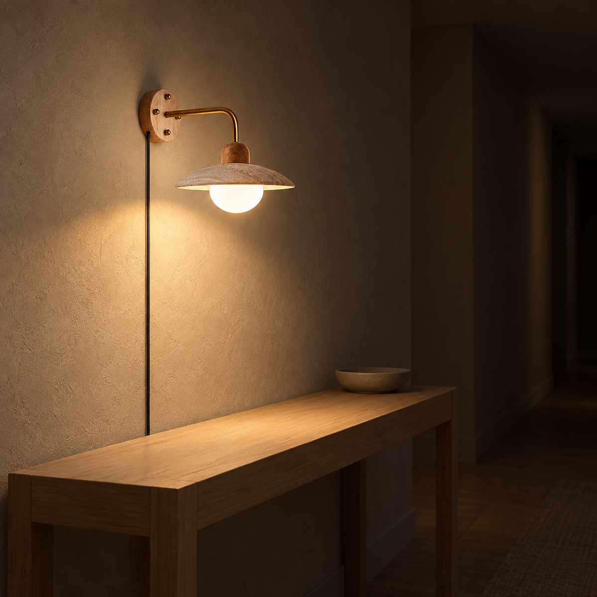 Lomiseta gold and yellow travertine plug in wall sconce glowing beneath its stone shade in a hallway