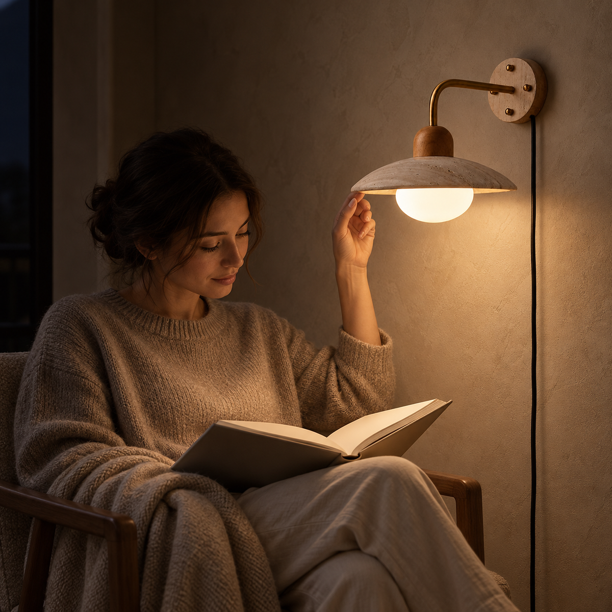 Lomiseta gold and yellow travertine plug in wall sconce lighting an open book in a reading corner at night