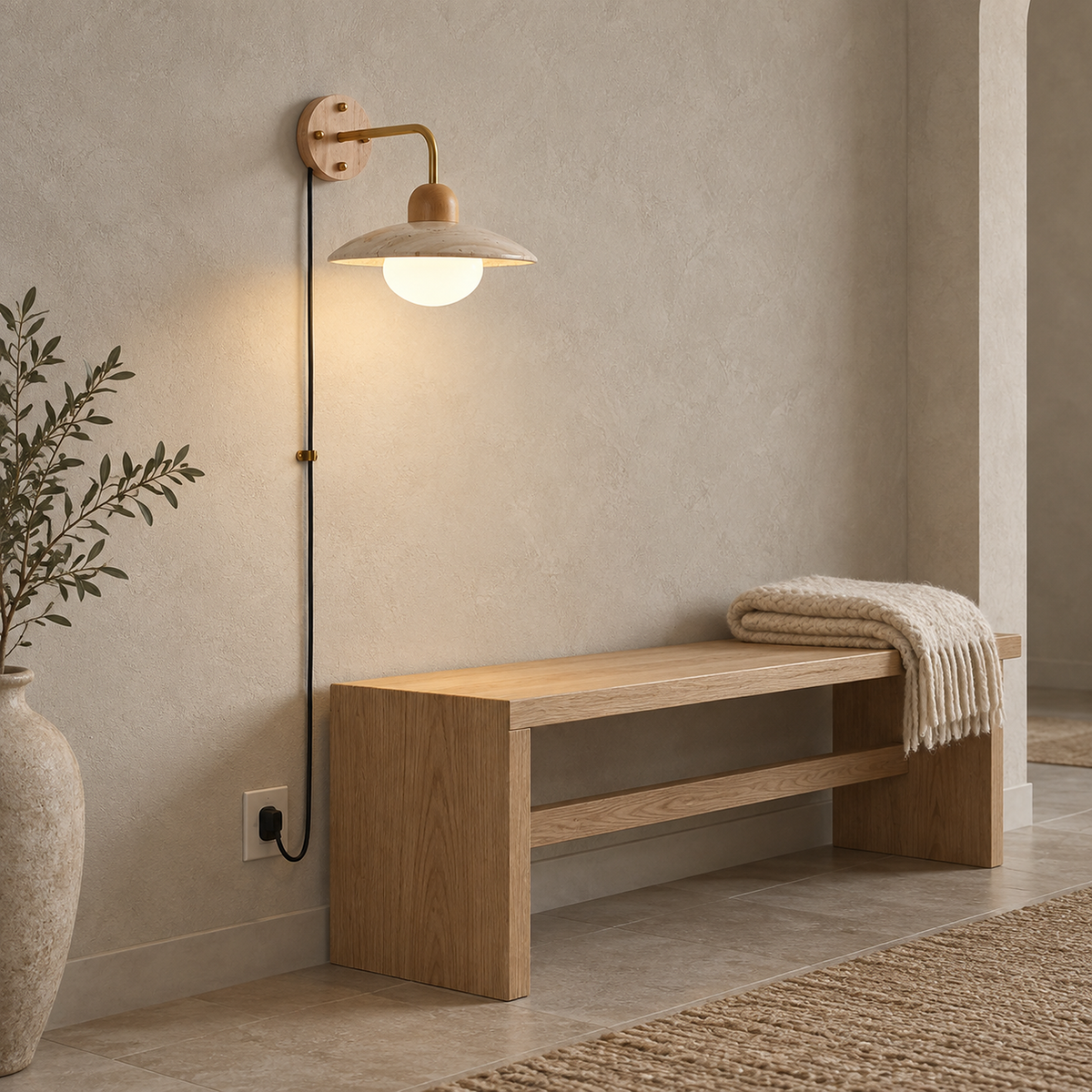 Lomiseta gold and yellow travertine plug in wall sconce with its cord running to a nearby outlet