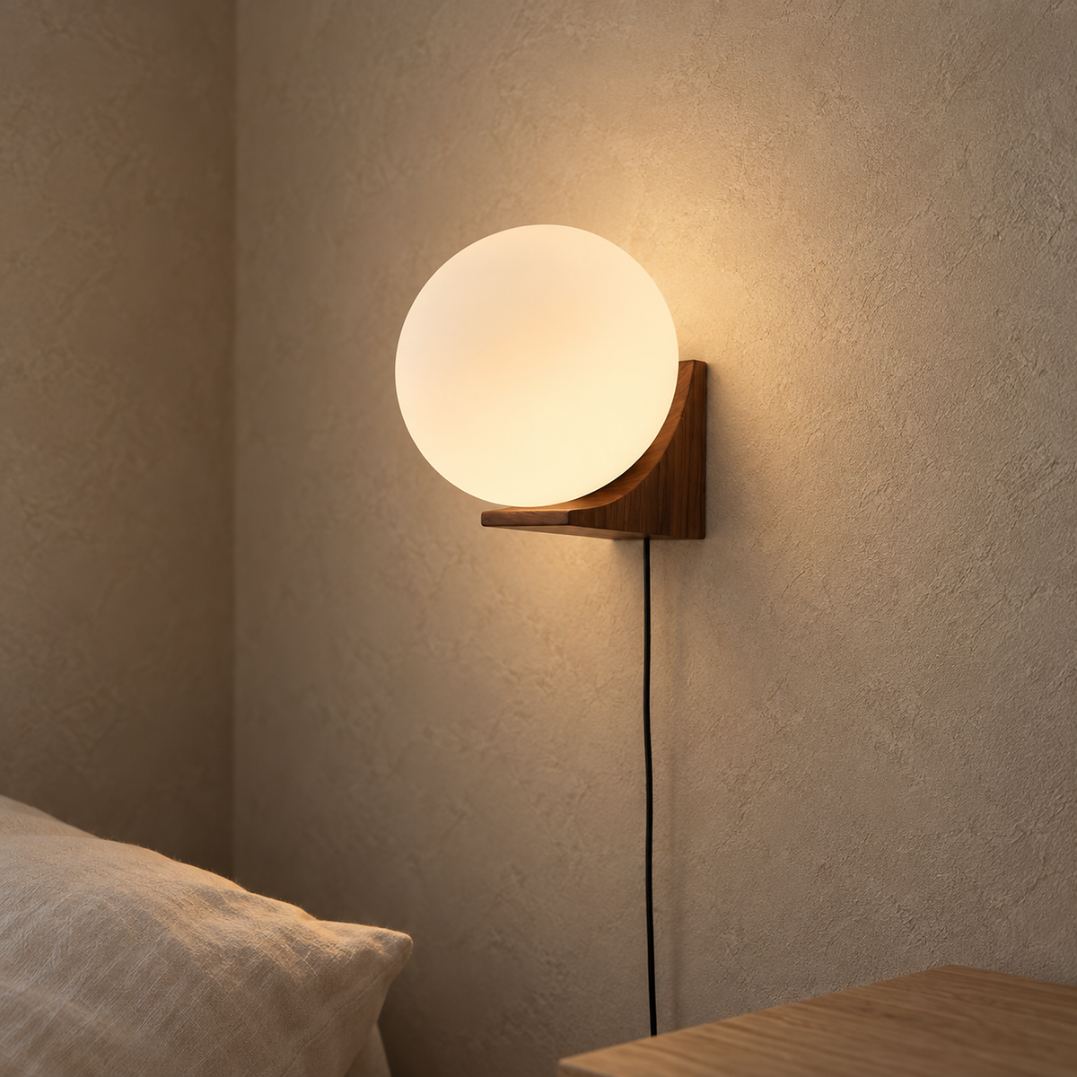 Lonavesi dark walnut & white bedside wall light giving gentle light to a sleeping alcove corner #color_dark walnut & white