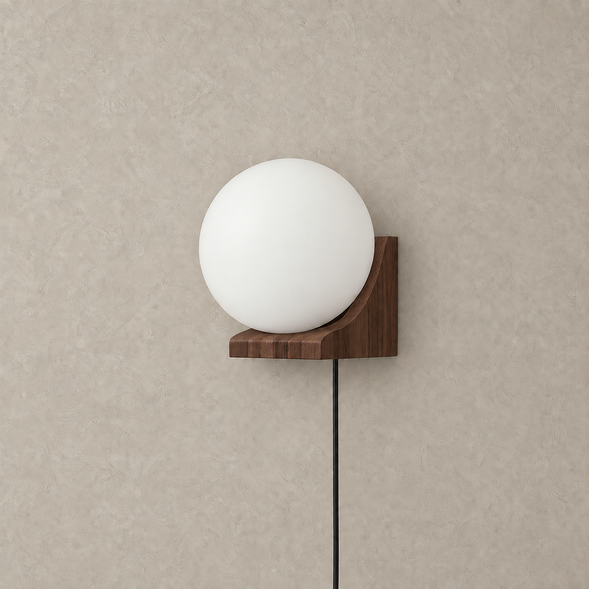 Lonavesi dark walnut & white wall sconce unlit against warm plaster with a white glass globe #color_dark walnut & white