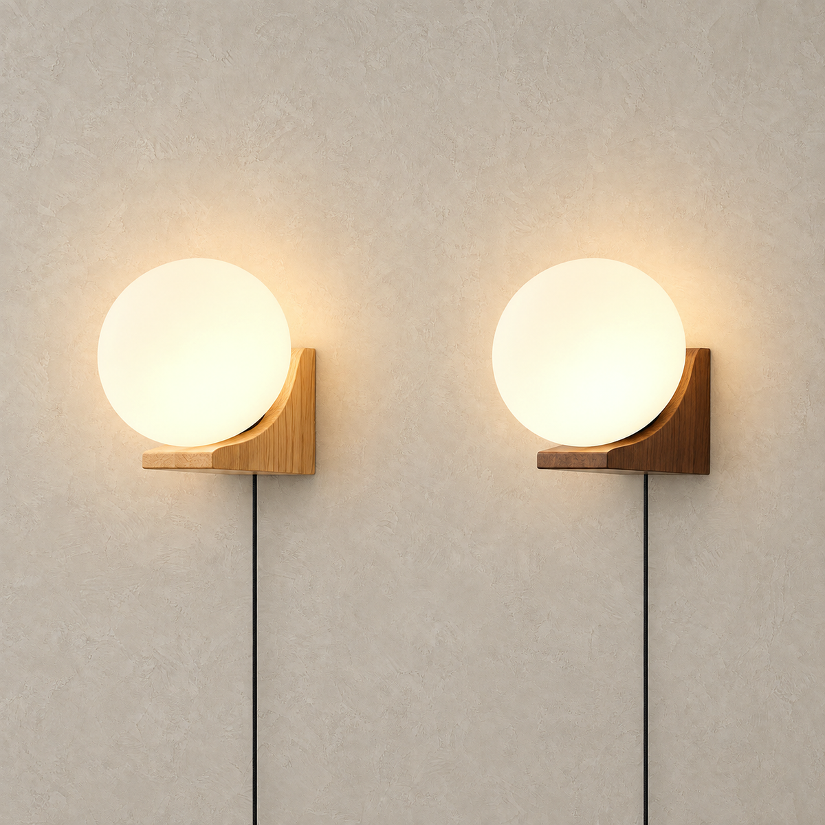 Lonavesi nature oak & white and dark walnut & white wall sconces glowing side by side