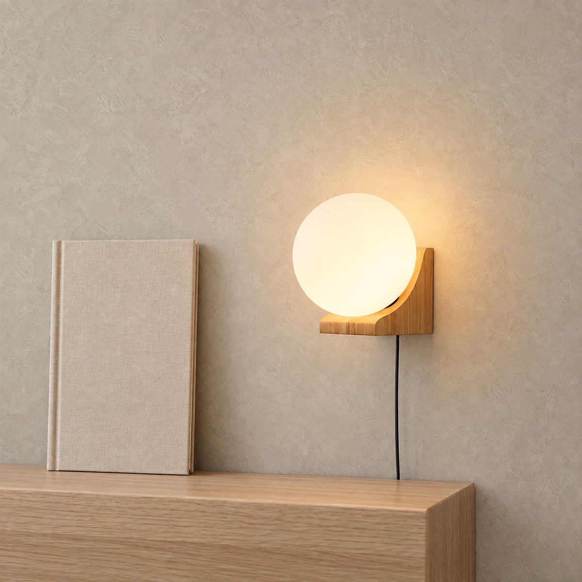 Lonavesi nature oak & white bedside wall light glowing above a pale oak ledge in a guest alcove