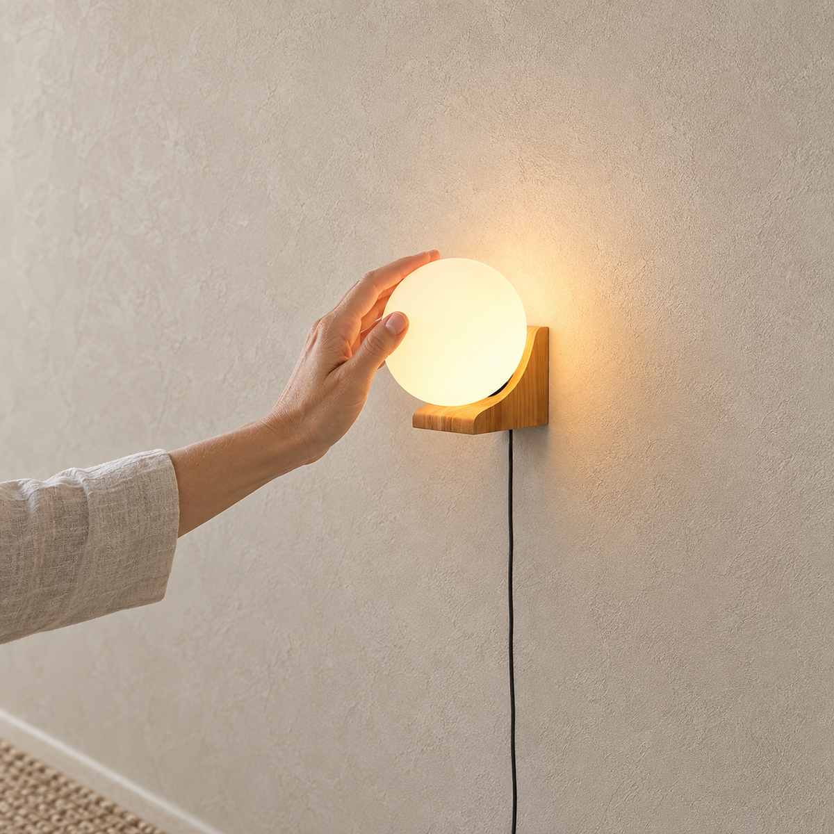Lonavesi nature oak & white LED wall sconce glowing above a hallway console corner