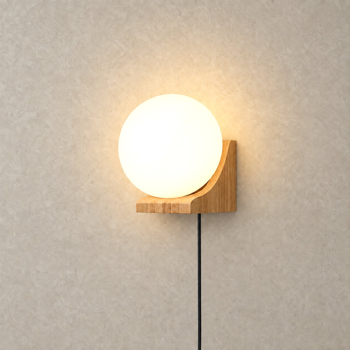Lonavesi nature oak & white wall sconce glowing against a warm plaster backdrop