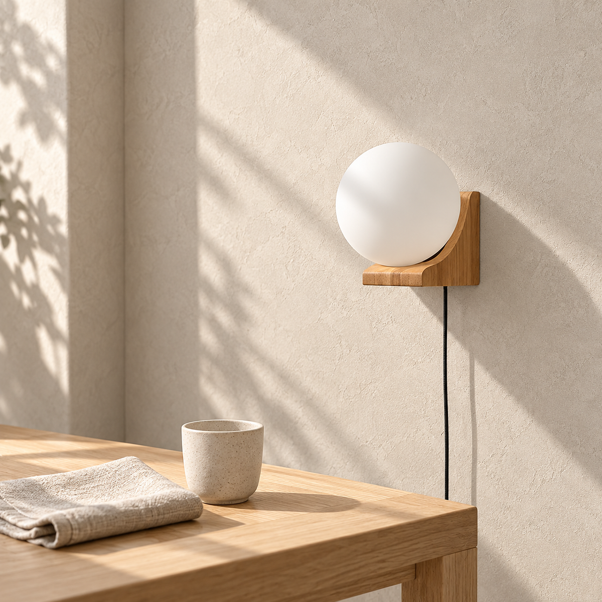 Lonavesi nature oak & white wall sconce unlit above a sunlit dining nook corner