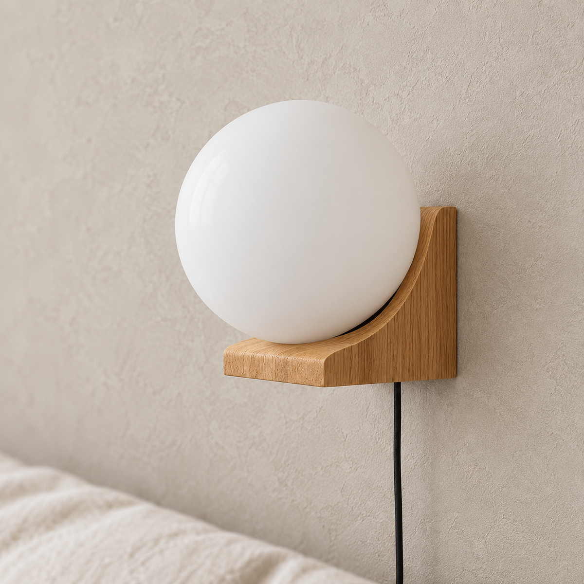 Lonavesi nature oak & white wall sconce with an unlit white glass globe in a wood cradle