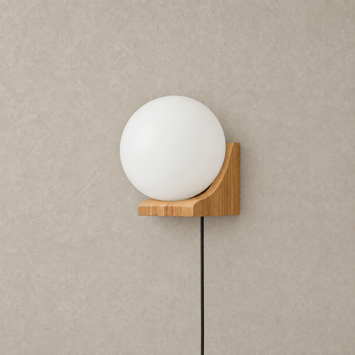 Lonavesi nature oak & white plug in wall sconce unlit against warm plaster