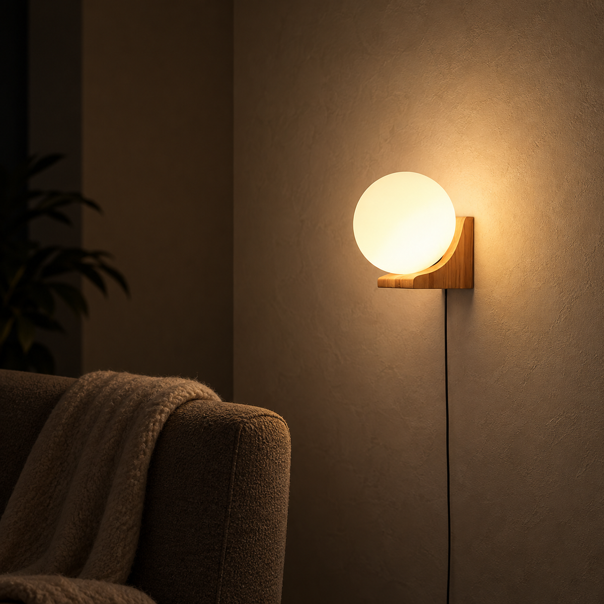 Lonavesi nature oak & white plug in wall sconce washing plaster above a chair corner at night
