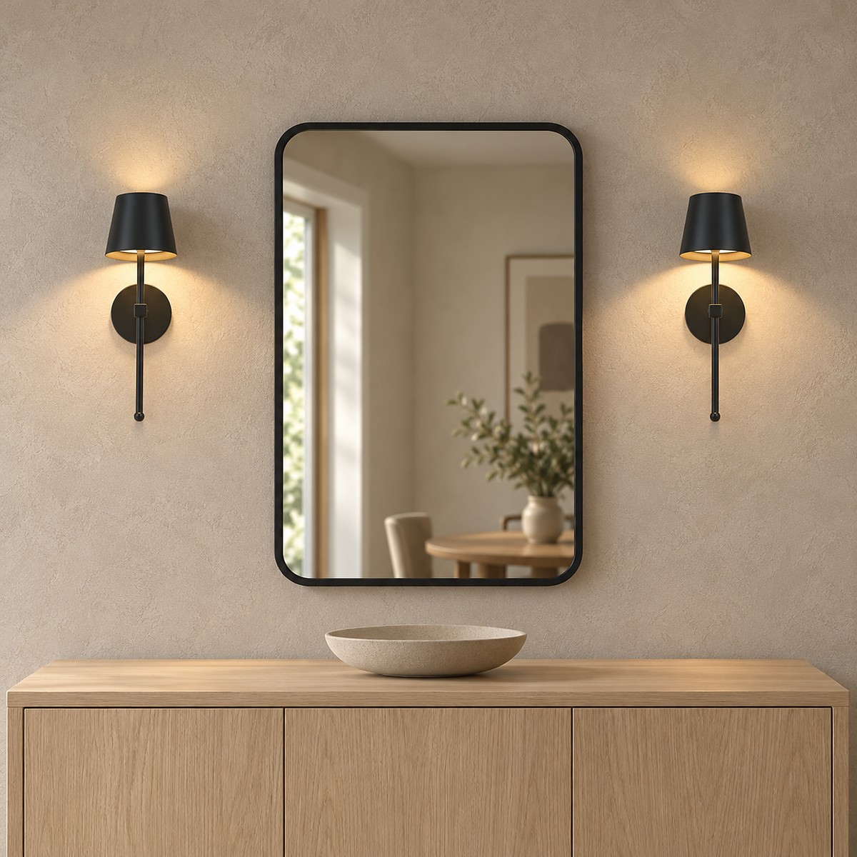 Loranno black battery operated wall sconce mounted as a pair flanking a dining room mirror