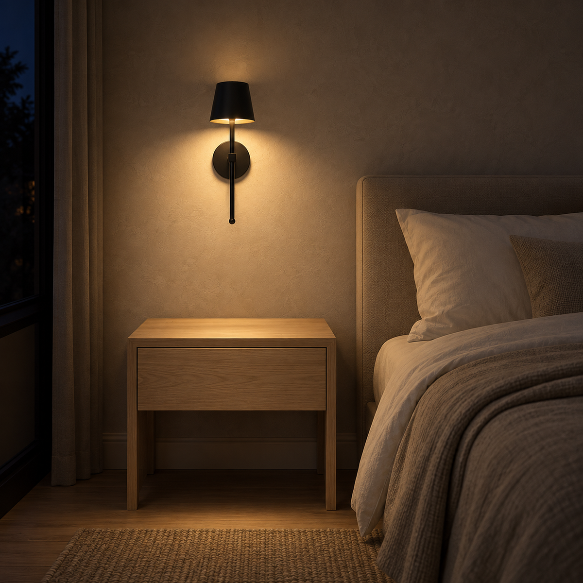 Loranno black bedside lamp illuminating an empty nightstand after dark