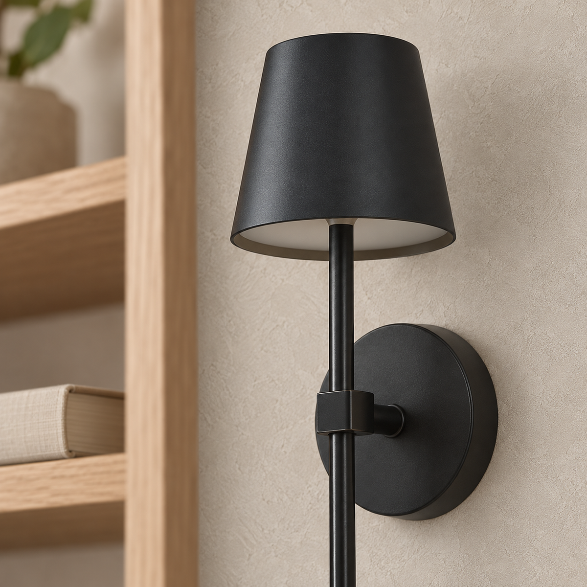 Loranno black bedside lamp shade and acrylic surface close up in daylight