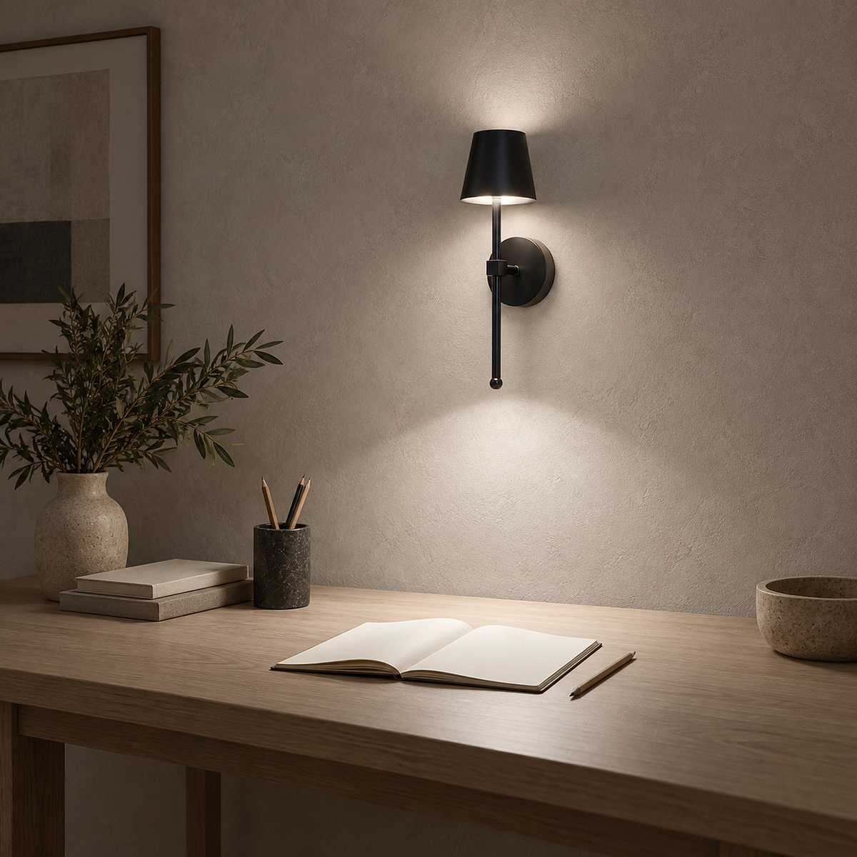 Loranno black LED wall sconce casting white light over a study desk