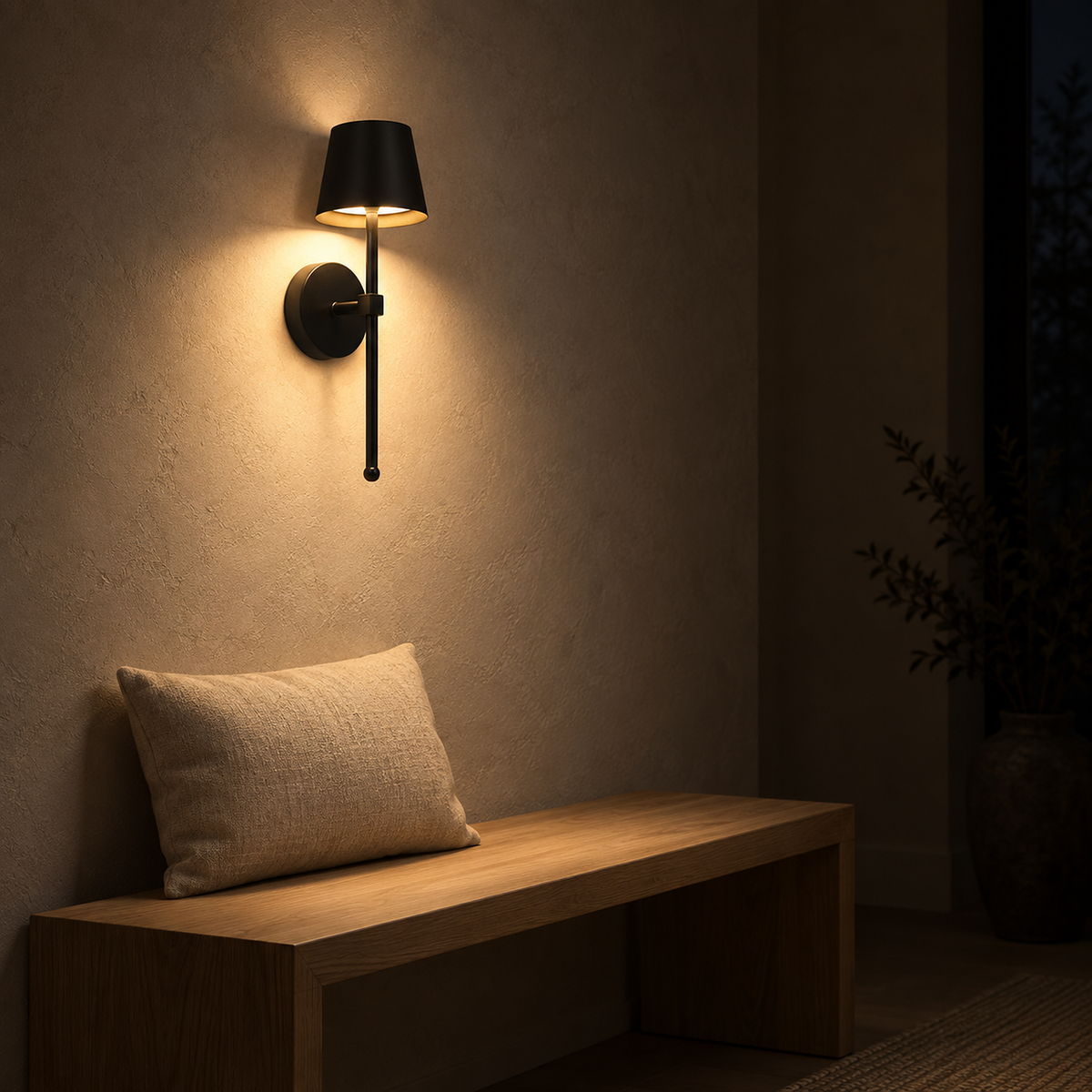 Loranno black LED wall sconce washing a hallway wall with warm light after dark