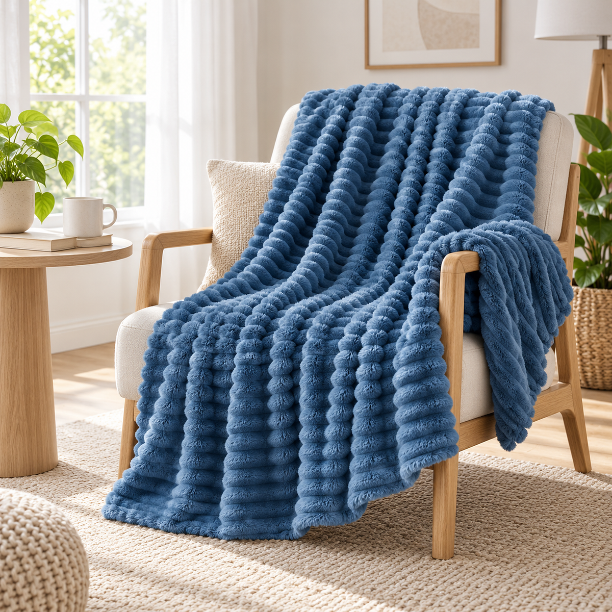 Lorimena blue throw blanket draped over an ivory lounge chair in a music room corner #color_blue