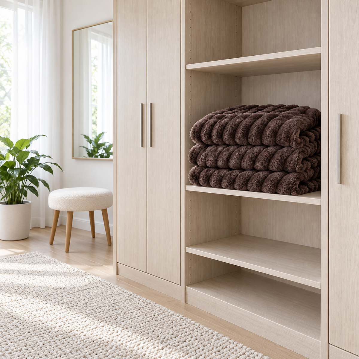 Lorimena brown fleece throw blanket in relaxed folds on a wardrobe room storage shelf #color_brown