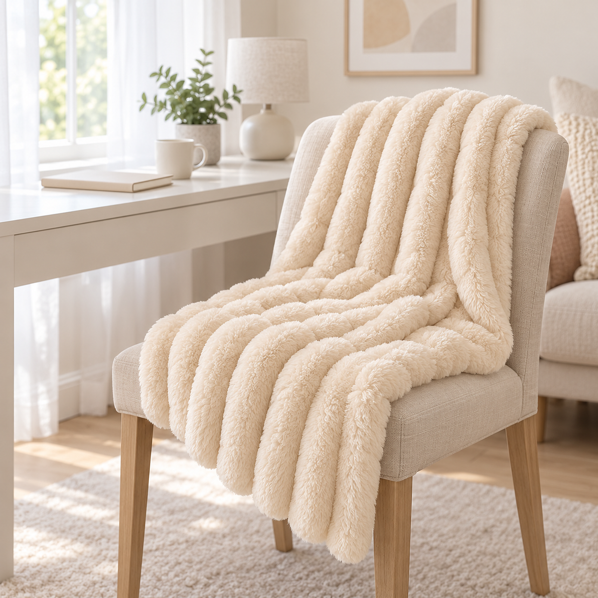 Lorimena cream fleece throw blanket corner draped in a writing nook, showing rounded stripe ends