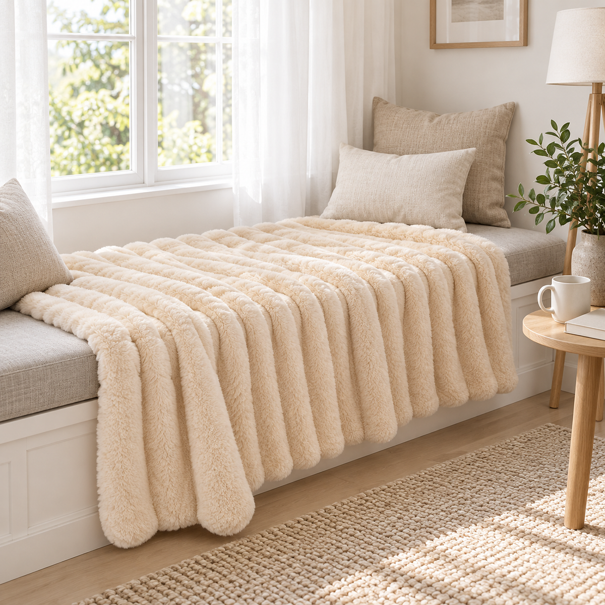 Lorimena cream fleece throw blanket opened across an upstairs window seat in daylight