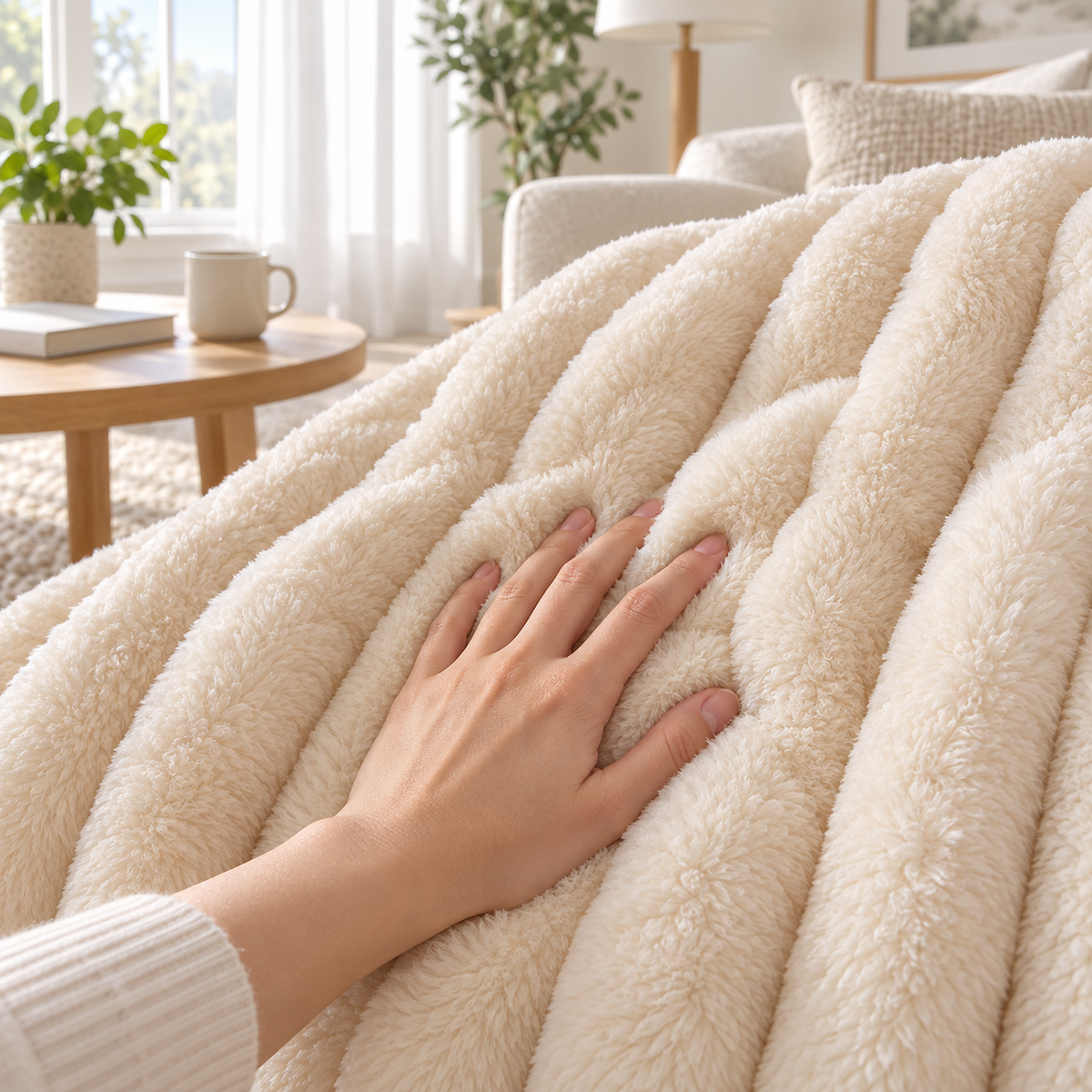 Lorimena cream soft throw blanket under a gently pressing hand showing the fuzzy coral fleece