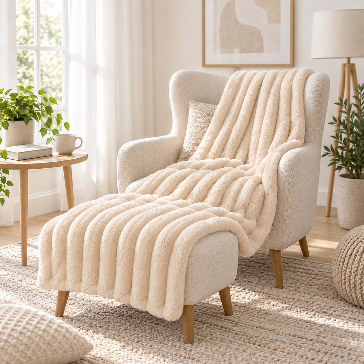 Lorimena cream throw blanket arranged across a reading chair and footstool in a landing nook
