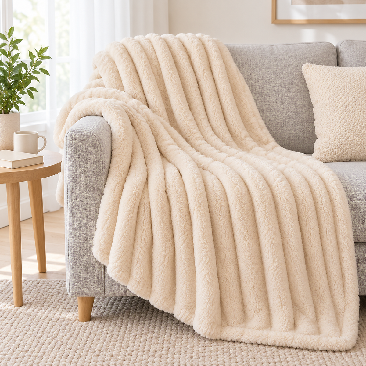 Lorimena cream throw blanket for couch draped over a plain sofa in a bright living room