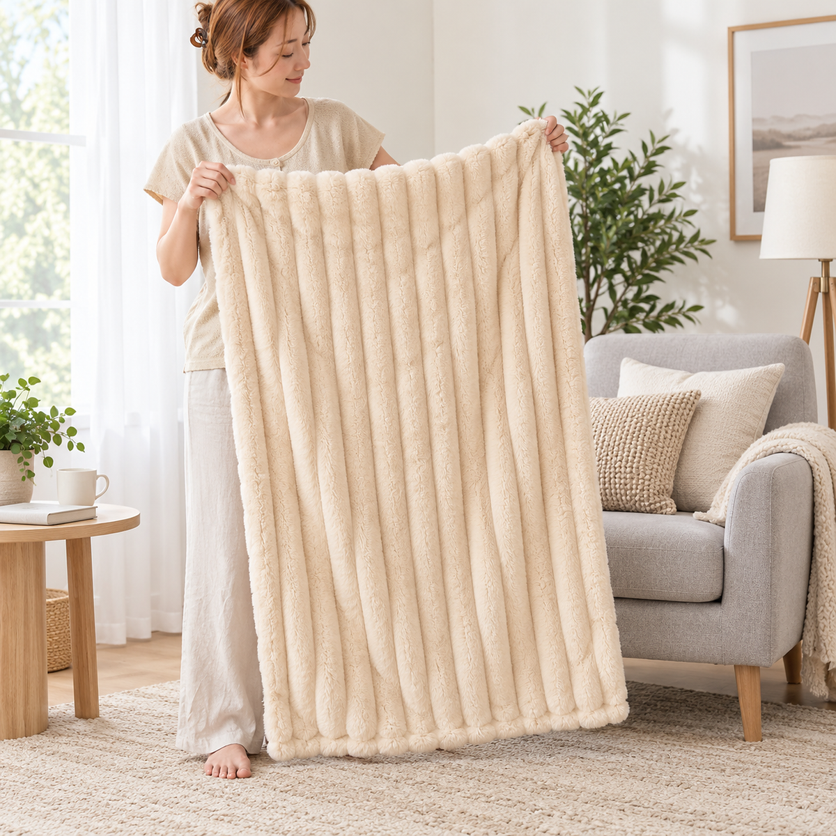 Lorimena cream throw blanket for couch held open by a standing adult in a living room to show scale