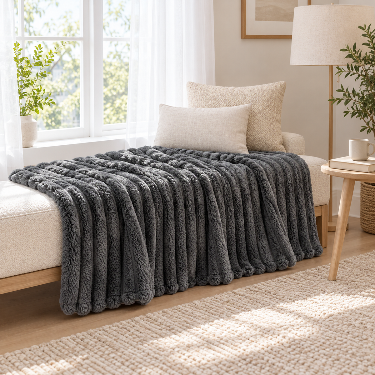 Lorimena dark gray coral fleece blanket opened over a pale bench in a west facing window alcove #color_dark gray