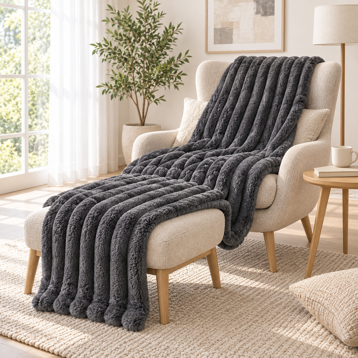 Lorimena dark gray fleece throw blanket across a library lounge chair and footstool #color_dark gray