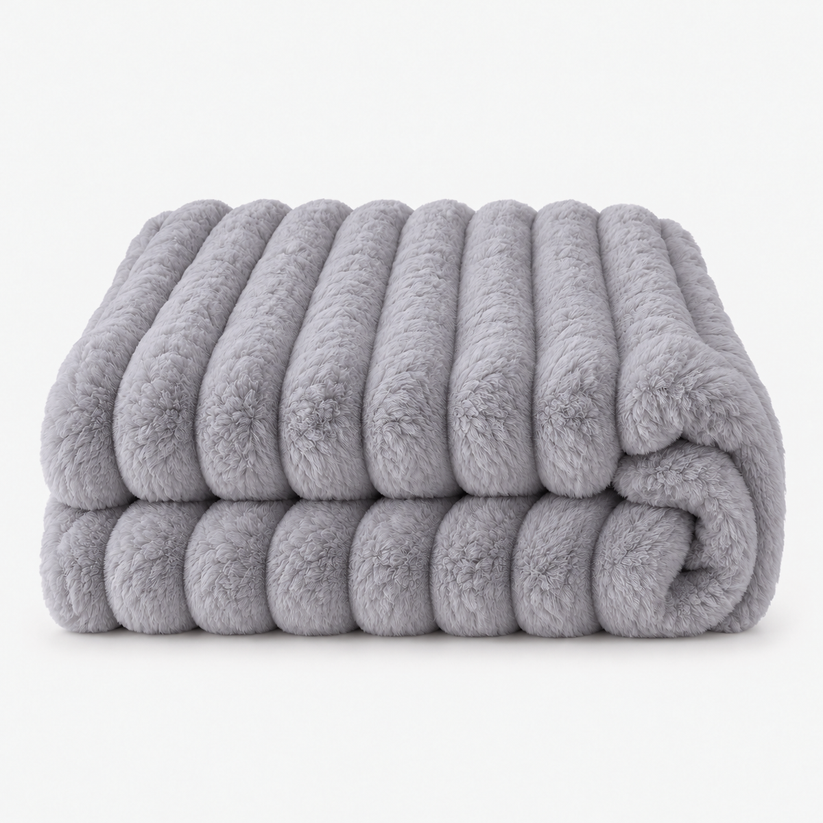 Lorimena gray coral fleece blanket loosely folded on a plain backdrop, stripes turning into rounded ridges #color_gray