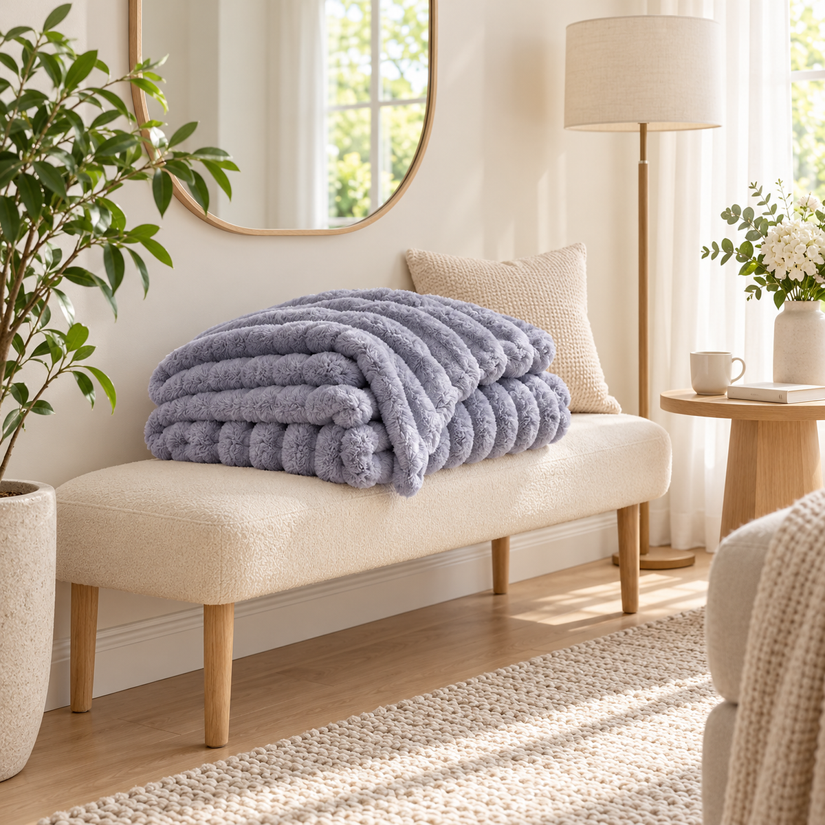 Lorimena gray soft throw blanket loosely folded on an upholstered bench in an entry alcove #color_gray