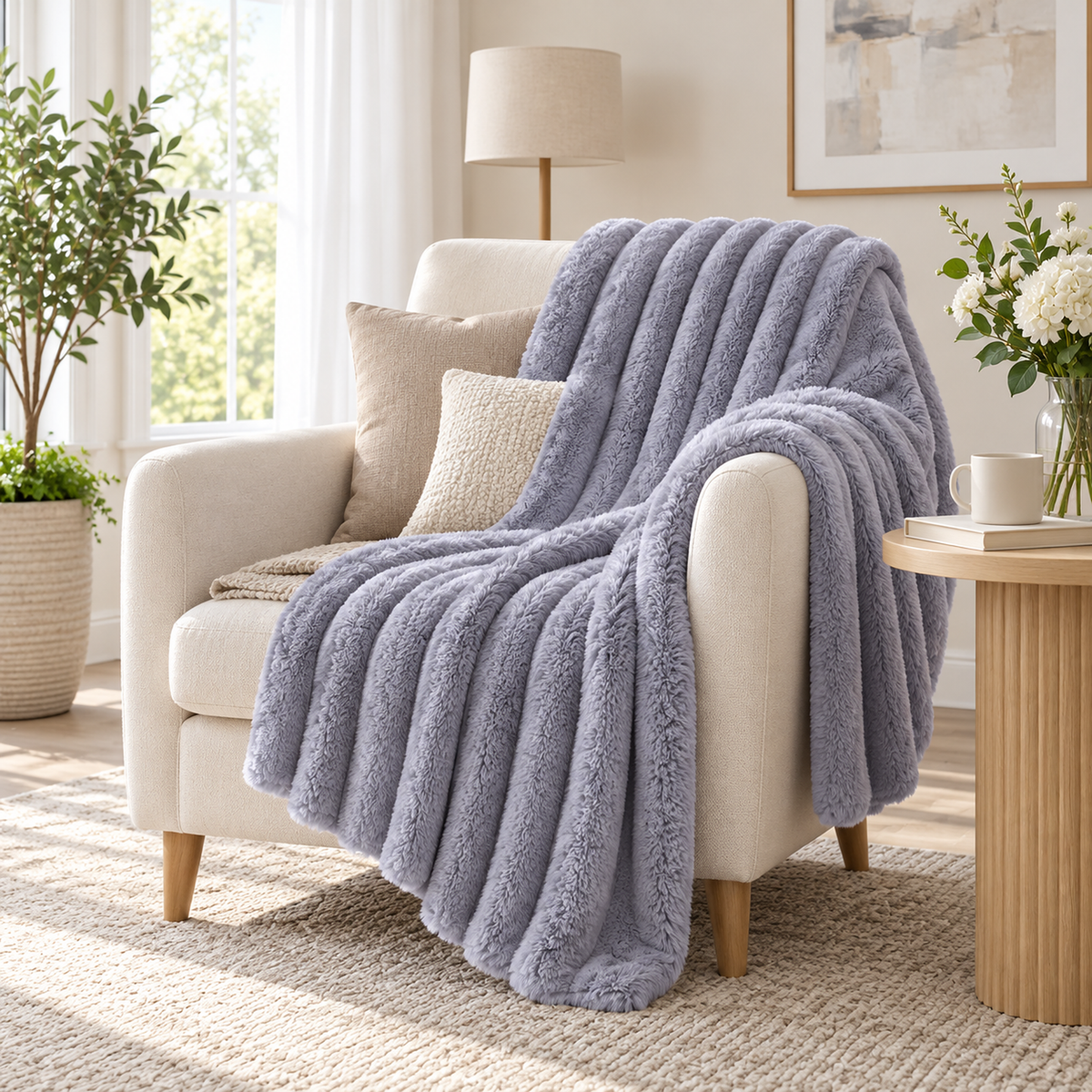 Lorimena gray throw blanket draped across an ivory chair in an upstairs sitting room #color_gray