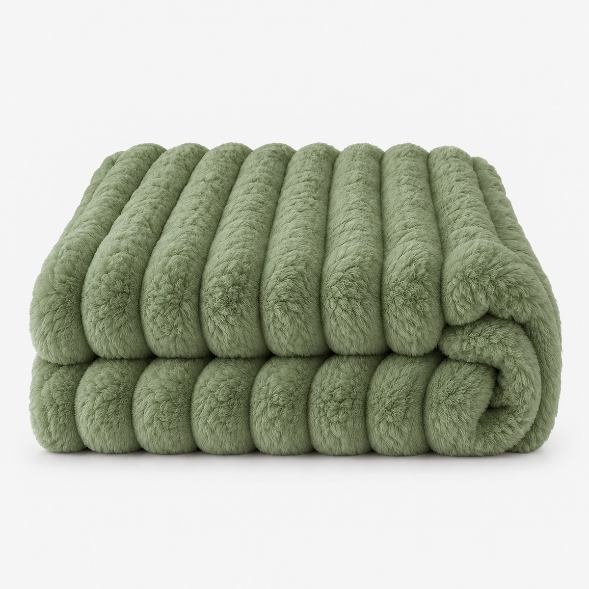 Lorimena green coral fleece blanket folded on a seamless plain backdrop with fuzzy stripes side by side #color_green