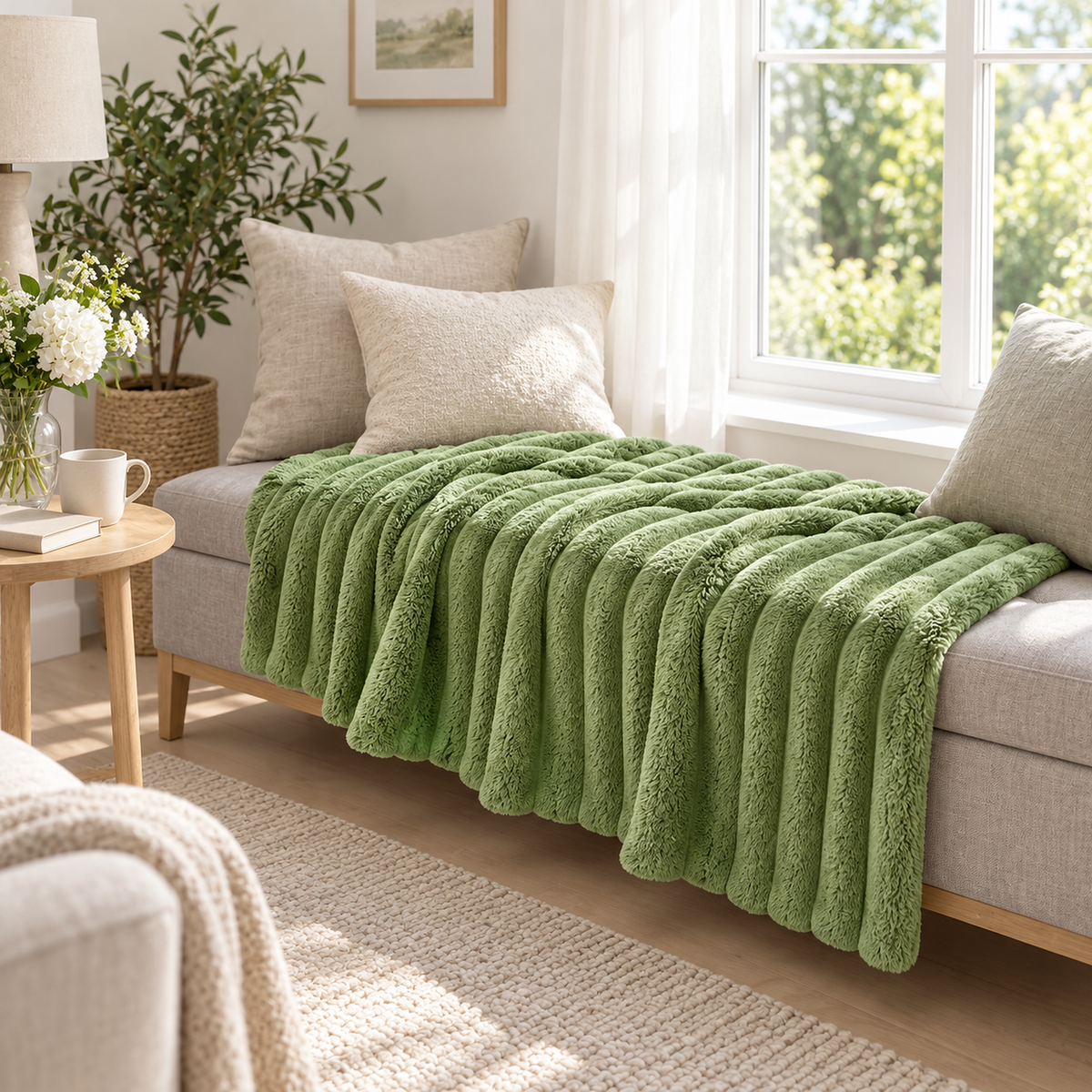 Lorimena green fleece throw blanket spread over a hall window bench in bright daylight #color_green