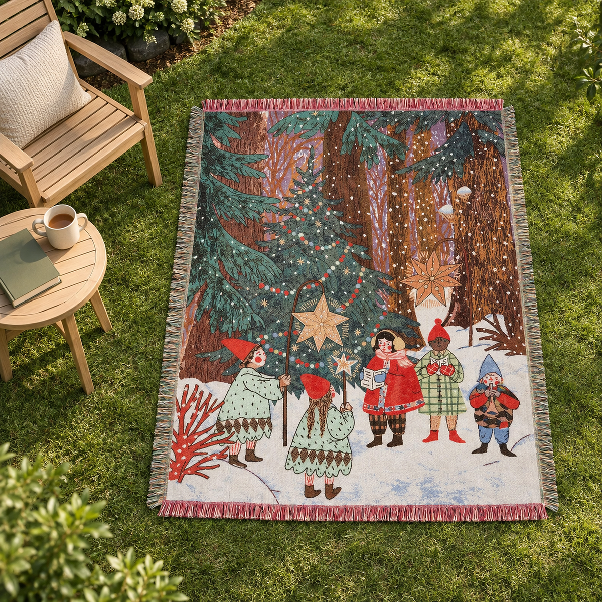 Lormina multicolored tapestry christmas throw blanket laid open on a garden lawn as a picnic blanket