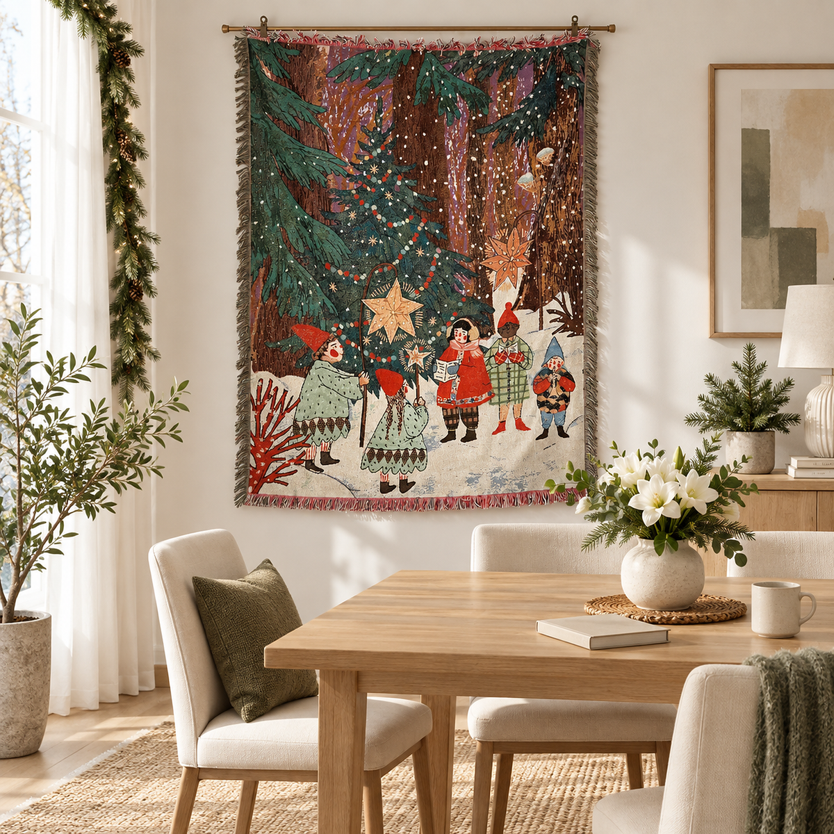 Lormina multicolored tapestry christmas throw blanket hanging upright beside a dining table