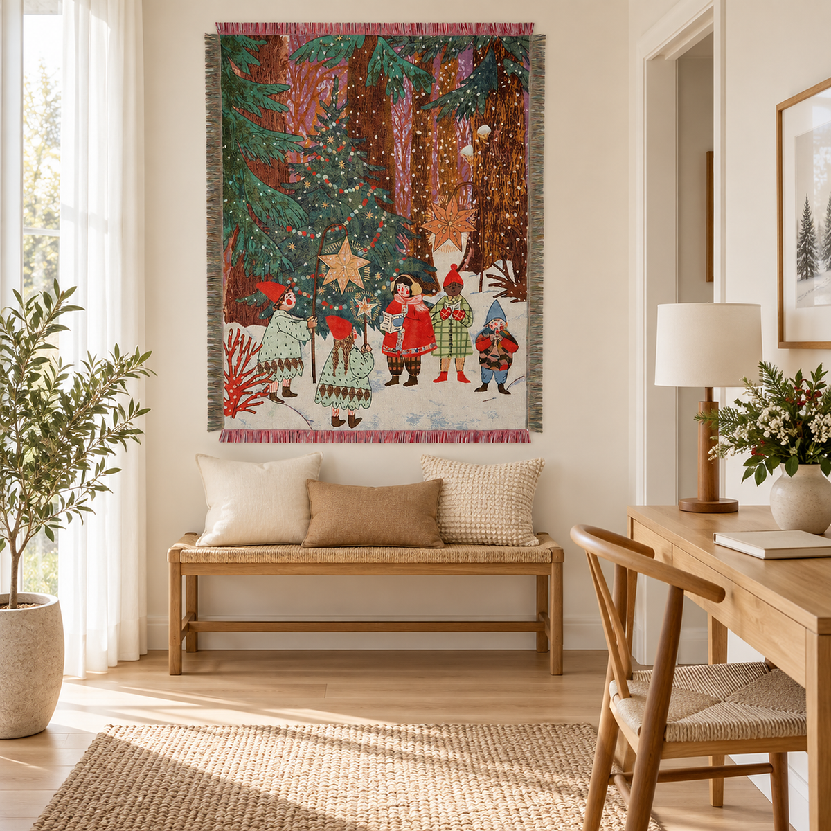 Lormina multicolored tapestry throw blanket with fringe hanging on a wall above a cushioned wooden bench