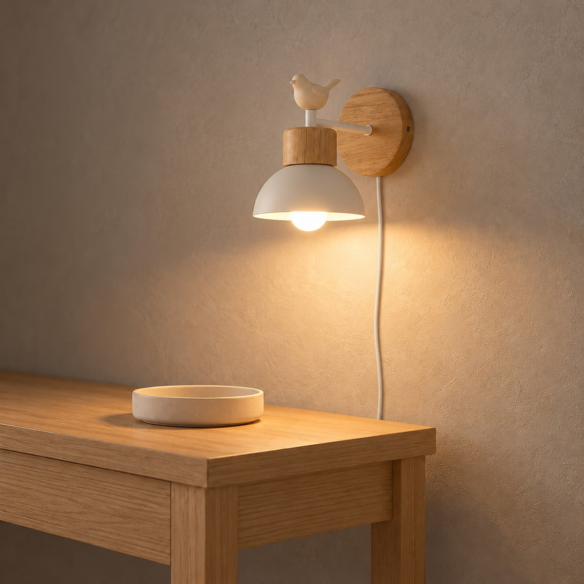 Lorsenta white wall light with the bulb visible beneath the downturned dome shade