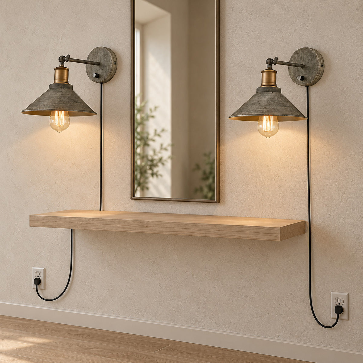 Lorvema stained look plug in led wall sconce pair lit in an entryway, shown with bulbs that are not included