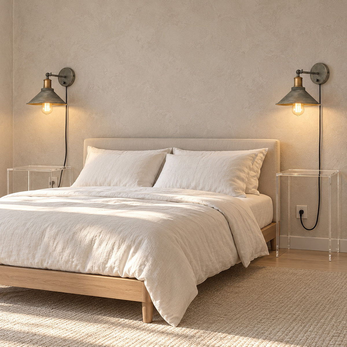 Lorvema stained look plug in led wall sconce pair in a bedroom, power cords running down to the wall outlets
