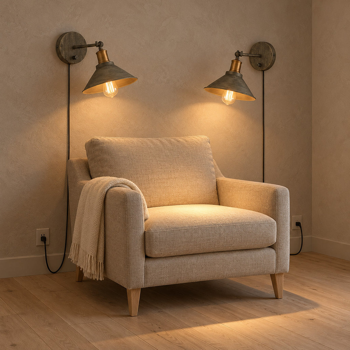 Lorvema brass plug in wall light with adjustable cone shades aimed at a reading chair in a den