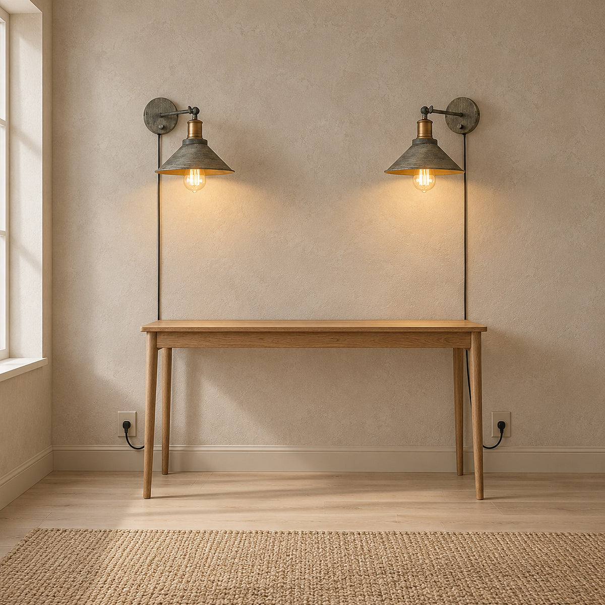 Lorvema brass wall light pair in a hallway above a clear console table, both shades switched on