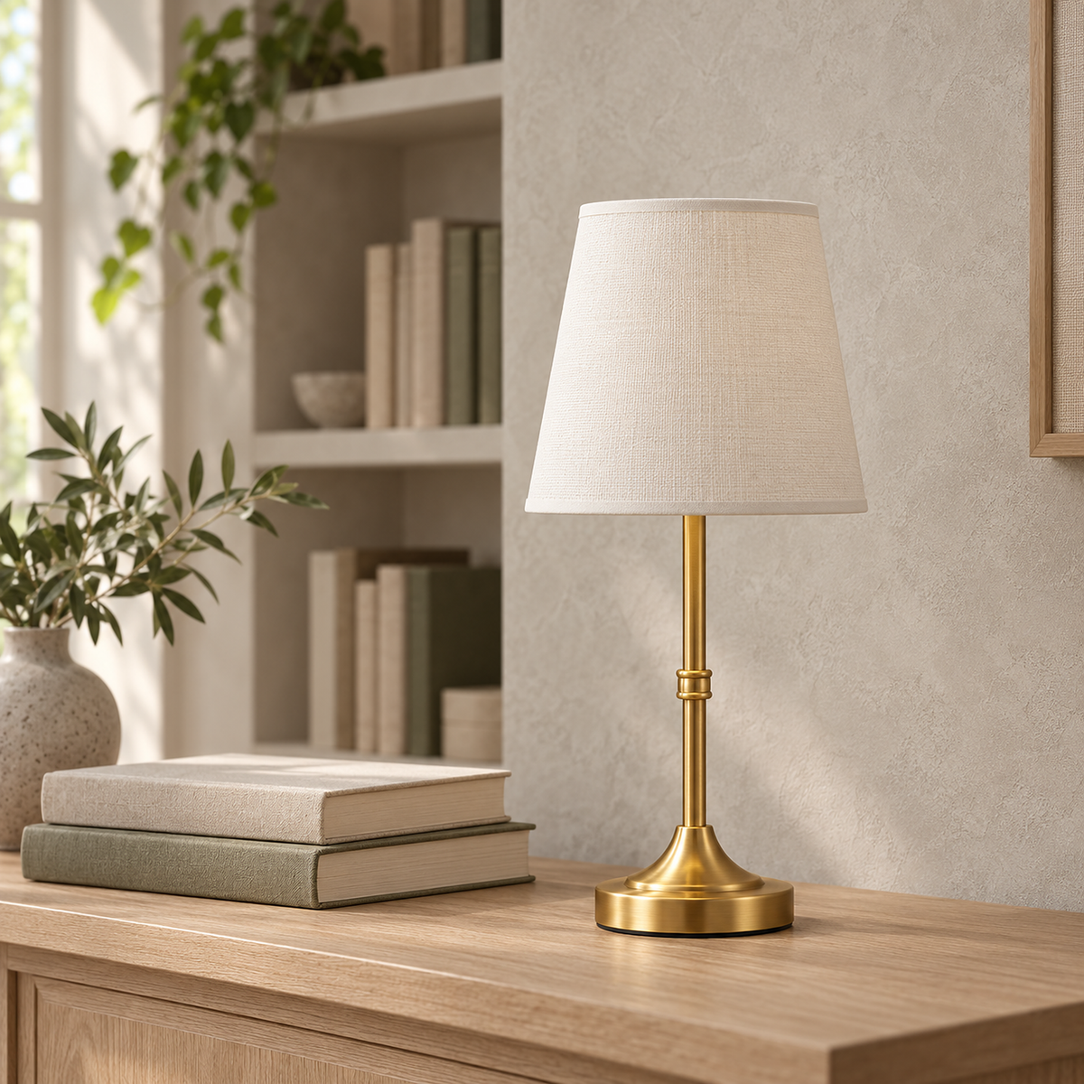 Lorvesa gold battery operated table lamp in close up showing the white woven shade, switched off