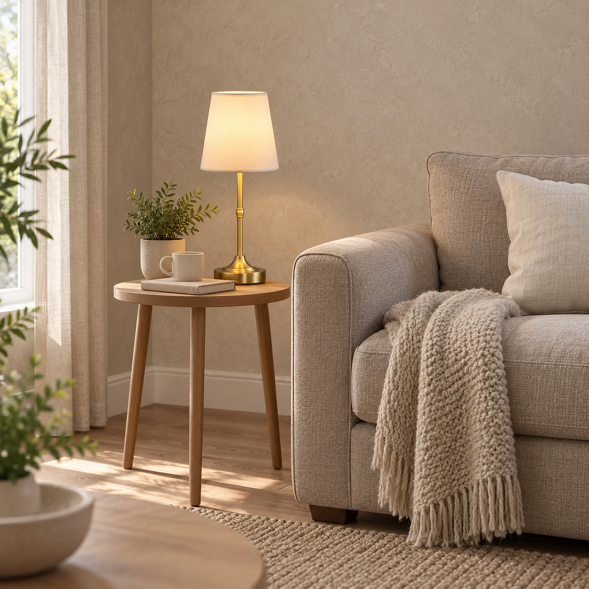 Lorvesa gold battery operated table lamp resting on an end table beside a sofa