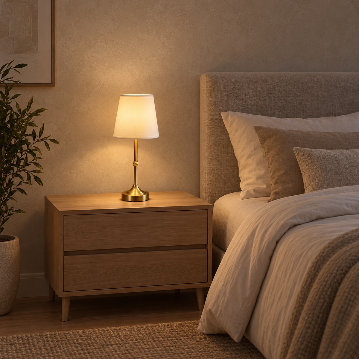 Lorvesa gold bedside lamp dimmed low by touch for a soft, quiet light in the bedroom