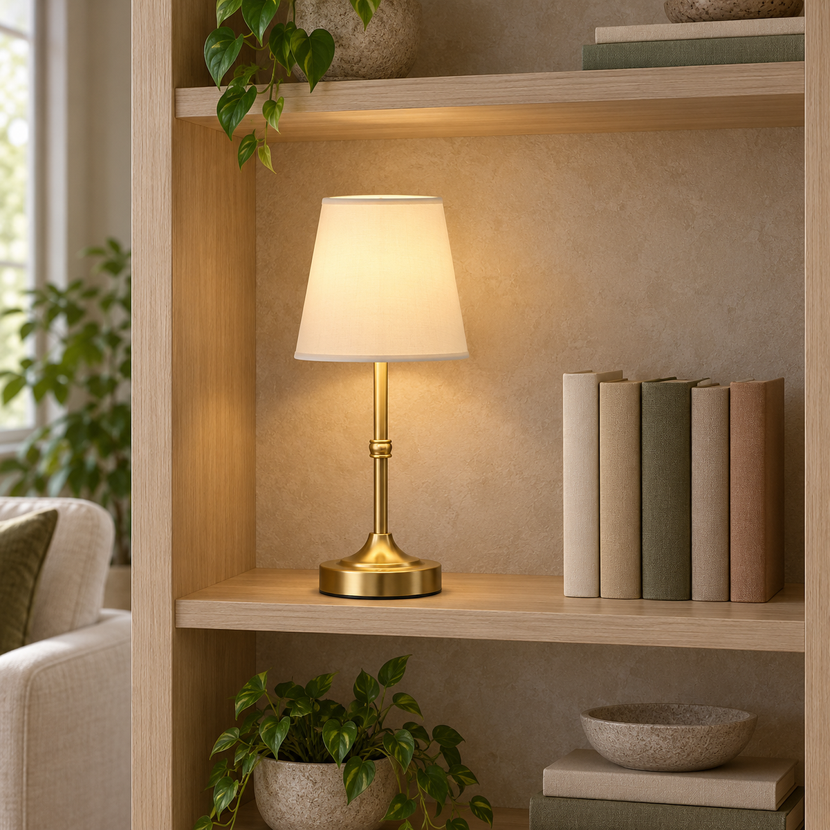 Lorvesa gold portable table lamp illuminating an open library shelf in daylight