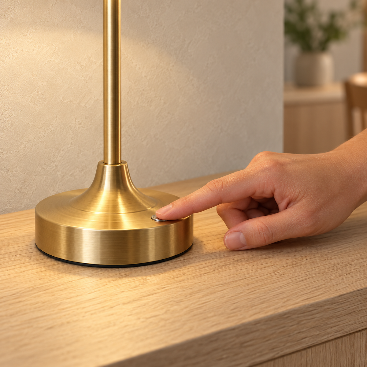 Lorvesa gold rechargeable table lamp with a fingertip on the touch control in the round base