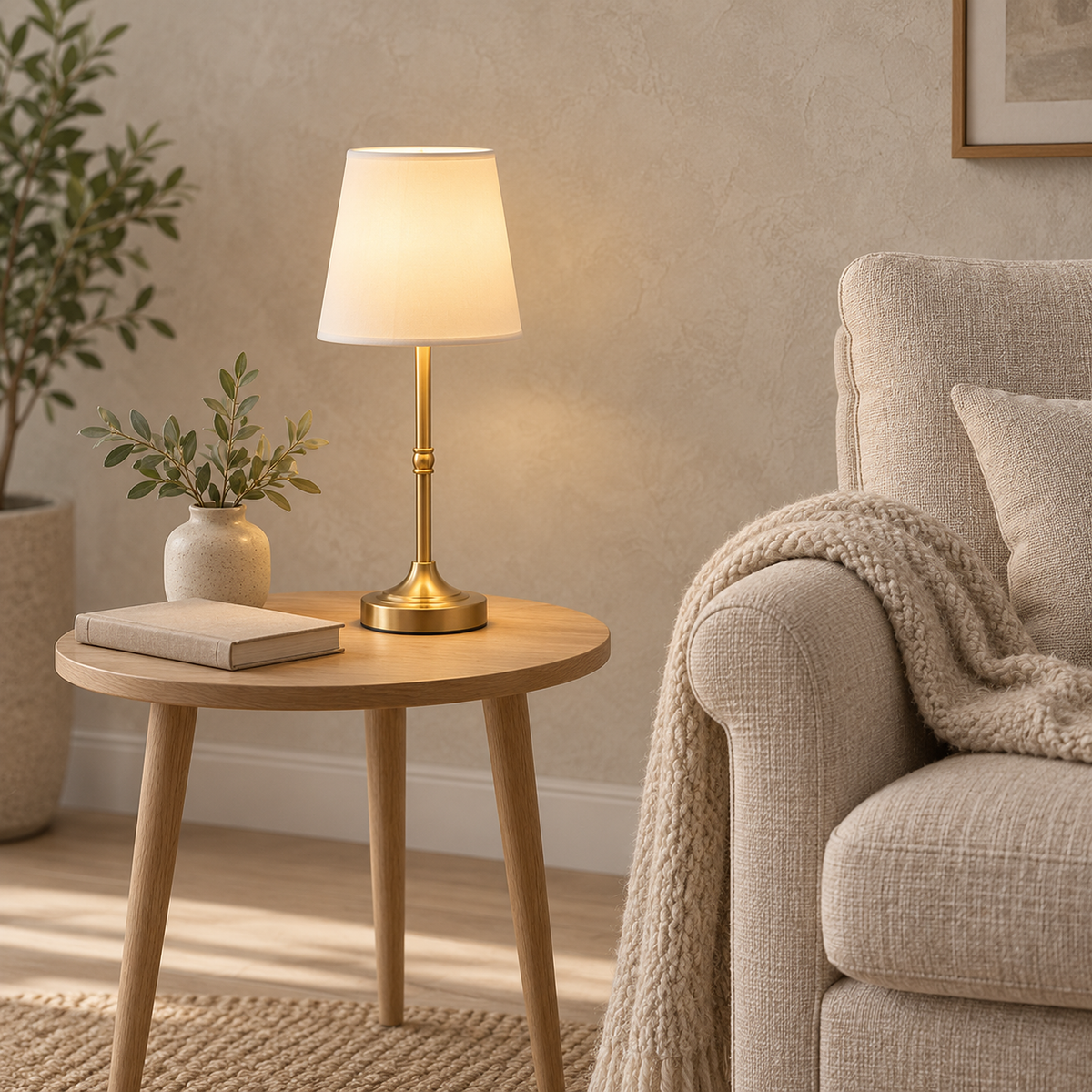 Lorvesa gold table lamp switched on beside an oatmeal armchair in a library corner